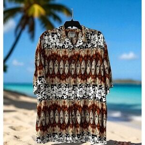 Aloha Hut Vintage Hawaiian Brown Abstract Surfboards Vacation Shirt Size Large L